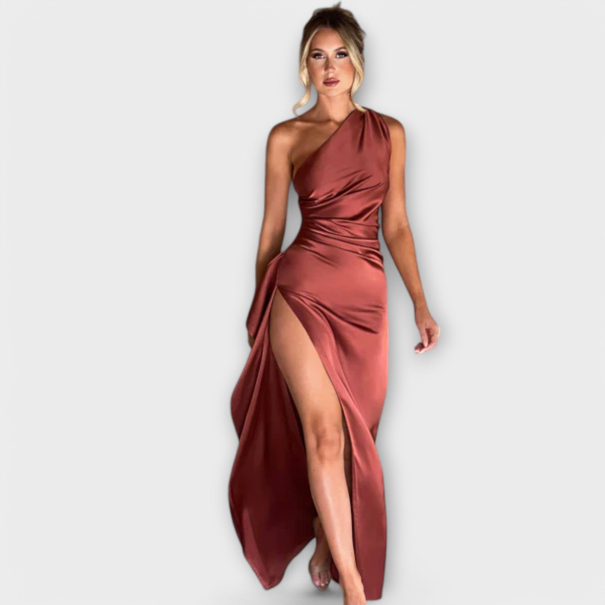 Asymmetrical Maxi Dress with Draping on One Arm